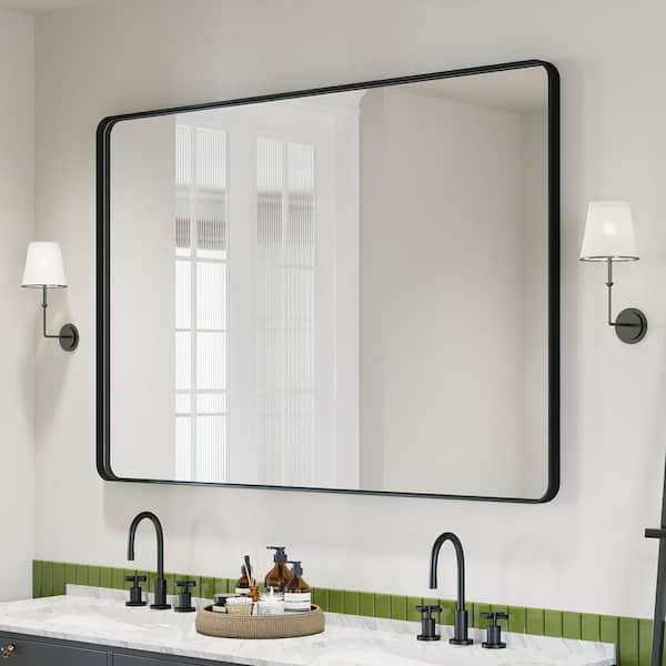 40 in. W x 60 in. H Rectangular Aluminum Framed Modern Black Rounded Wall Mirror