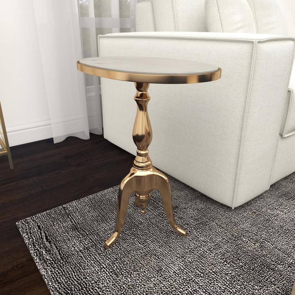 Elegant Round Gray Stone Top End Table with Gold Metal Base