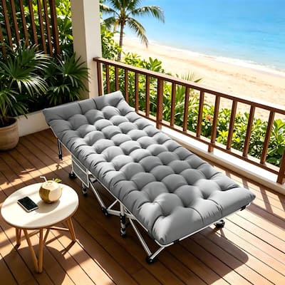 Oversized Folding Camping Cot Metal 1-Piece Metal Heavy-Duty Outdoor Chaise Lounge with Gray Cushions