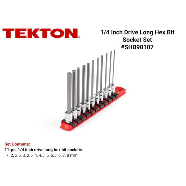 TEKTON 1/4 Inch Drive Long Hex Bit Socket Set with Rail, 11-Piece