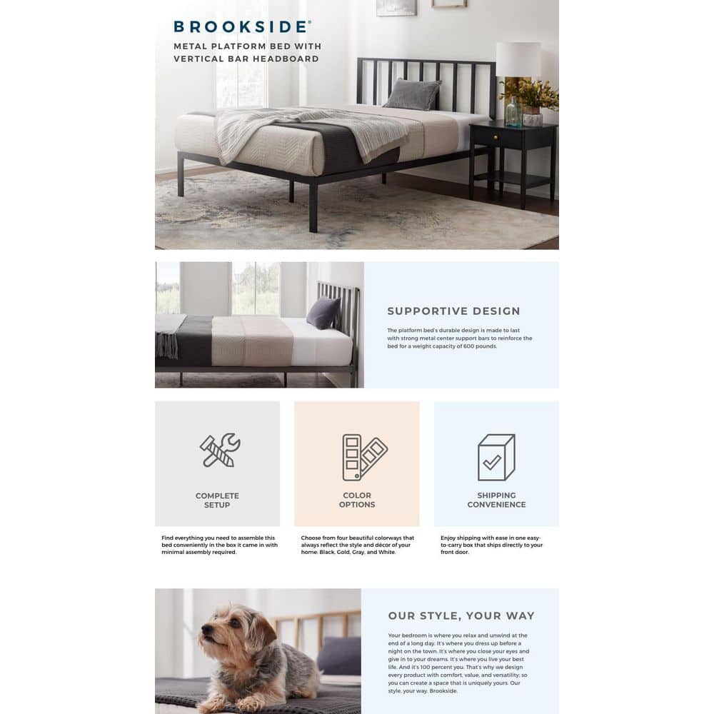Lori Queen White Metal Platform Bed with Vertical Bar Headboard
