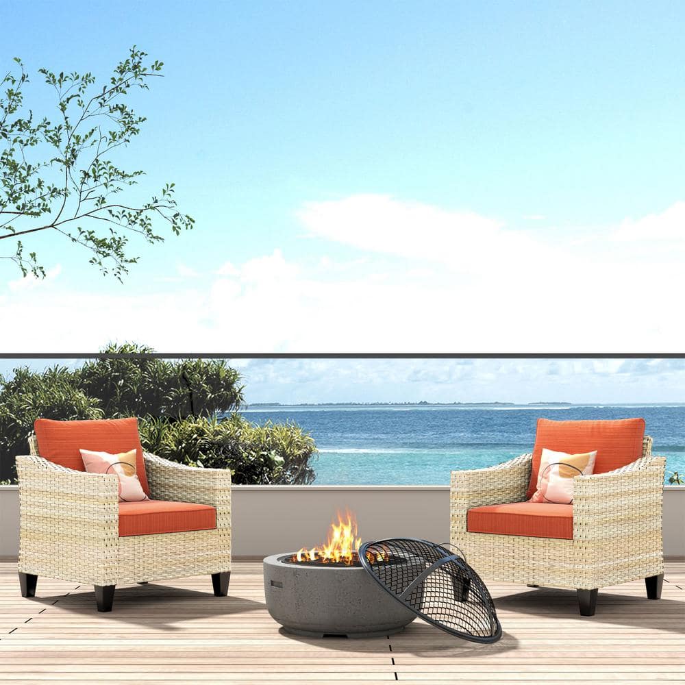 Oconee Beige 3-Piece Wood Fire Pit Seating Set with Orange Red and Cushions Outdoor Patio Lounge Chair -  HOOOWOOO, WFP-DAR803