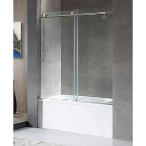 Don Series 56 to 60 in. W x 62 in. H Frameless Sliding Tub Door with Clear Tempered Deco-Glass in Polished Chrome
