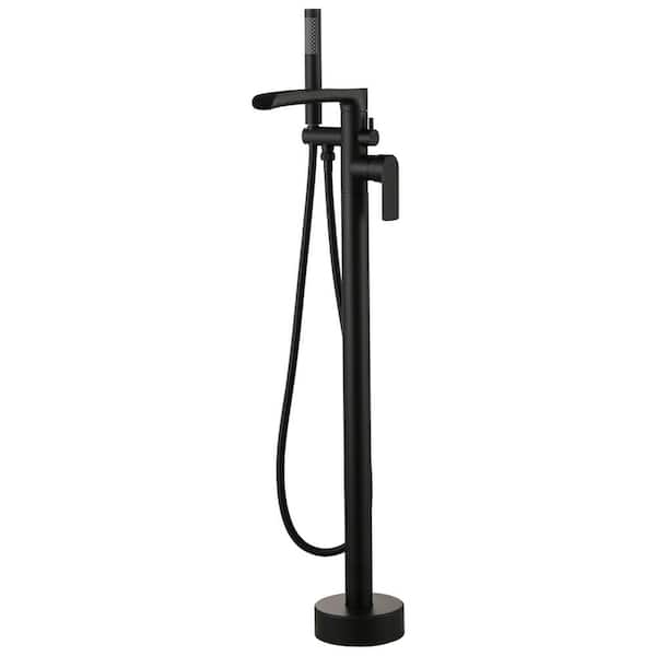 ARCORA 1-Handle Waterfall Freestanding Floor Mount Tub Faucet Bathtub Filler with Hand Shower in Matte Black