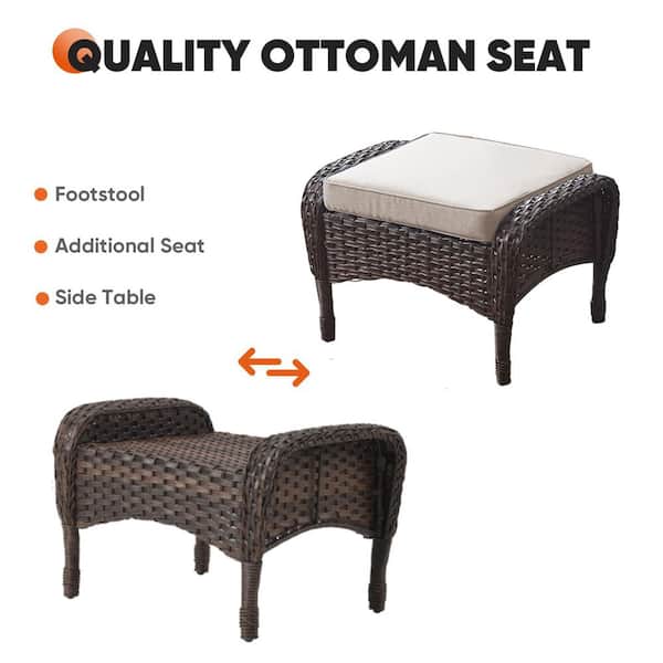 Rotavia 2-Piece Brown PE Wicker Steel Frame Outdoor Ottoman with Olefin Beige Cushions, Multipurpose Patio Footstools