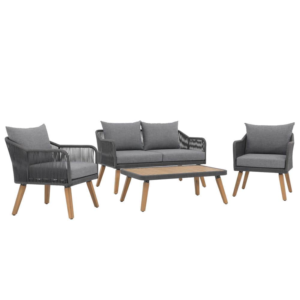 4-Piece Outdoor Woven Rope Conversation Set Bistro Sofa Set with Wood-Top C