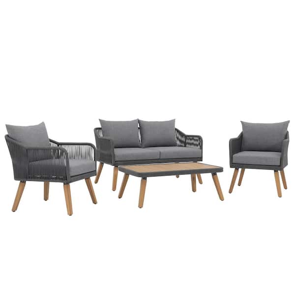 Freestyle 4-Piece Outdoor Woven Rope Conversation Set Bistro Sofa Set with Wood-Top Coffee Table, Grey Cushions