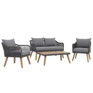 OC 4-Piece Wood Outdoor Bistro Set with Gray Cushions