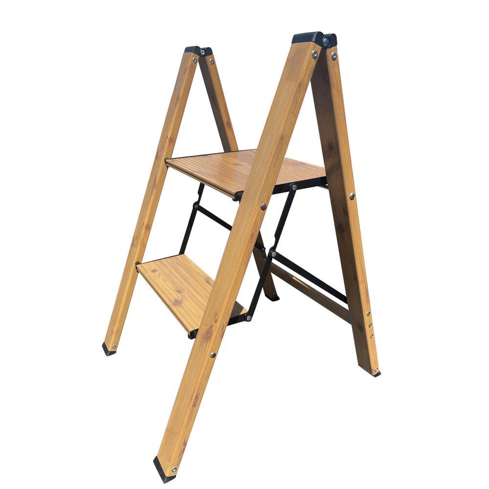 Tan 2-Step Aluminum Wood Grain Folding Ladder