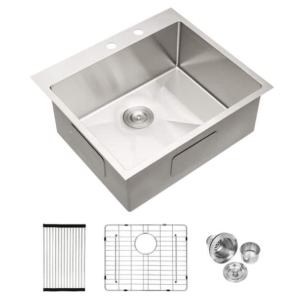 25 in. Drop-in Single Bowl 16 Gauge Brushed Nickel Stainless Steel Kitchen Sink with Drain and Drying Rack