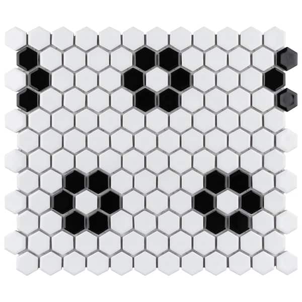 Merola Tile Metro 1 in. Hex Glossy White with Flower 6 in. x 6 in. Porcelain Mosaic Take Home Tile Sample