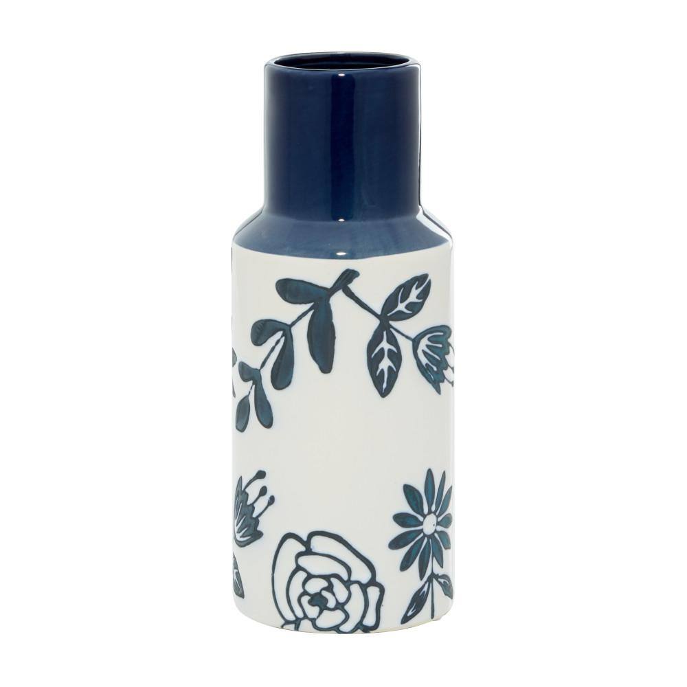 Modern French Country 12" Navy Blue and White Ceramic Table Vase