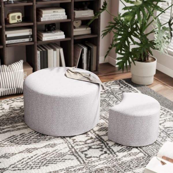 27.5 in. Beige Fabric Round Nesting Coffee Table Set of 2, Ottoman and Seat, for Living Room Office