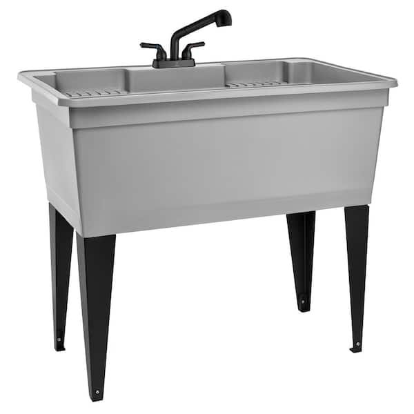 23.75 in. D x 39.5 in. W 37-Gallon Freestanding Laundry/Utility Sink in Gray with Black Pull-Out Faucet