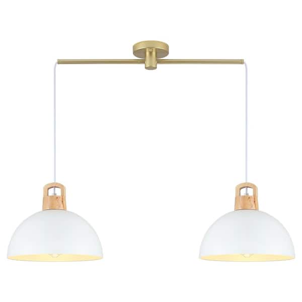 60-Watt 2-Light Modern Industrial White/Gold Dome Shaded Pendant Light with Metal Shade, No Bulbs Included