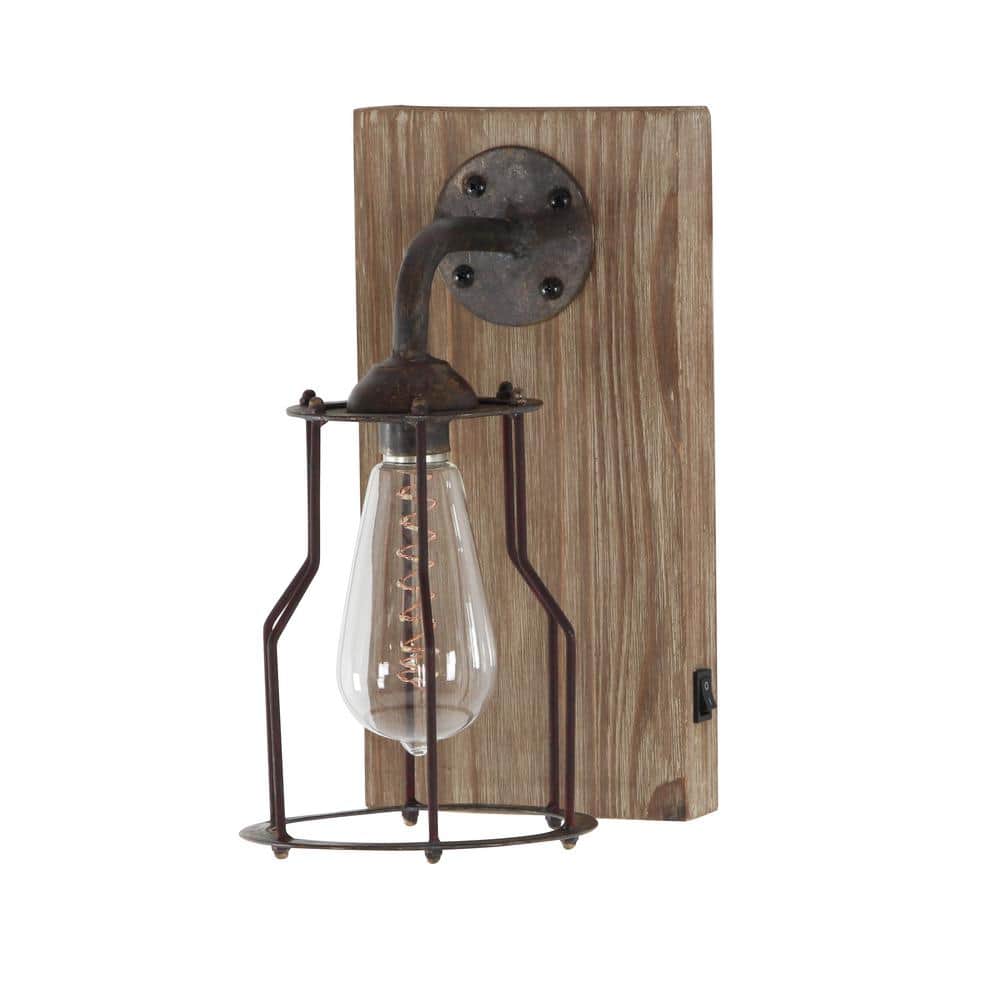 Industrial Brown Iron and Wood Battery Operated Wall Sconce