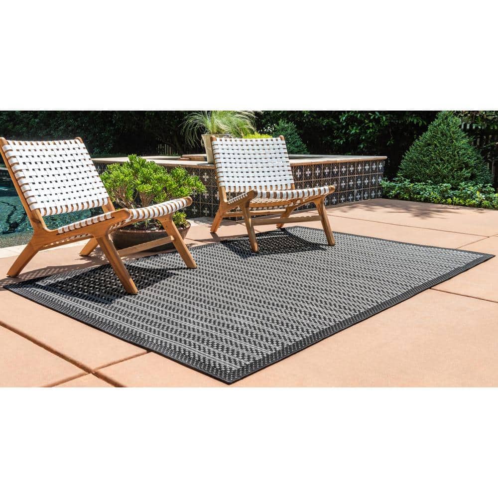 Gray and Black Striped Synthetic Outdoor Area Rug
