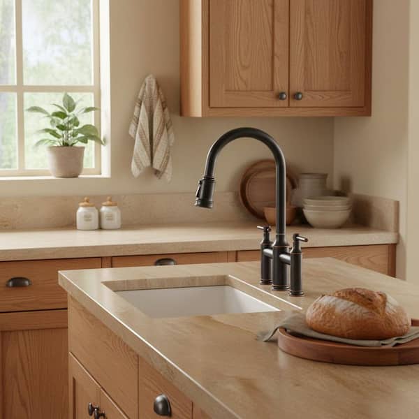 Brass Double Handles High Arc Bridge Kitchen Faucet with 3-Spray Modes Pull Down Sprayer and in Oil Rubbed Bronze