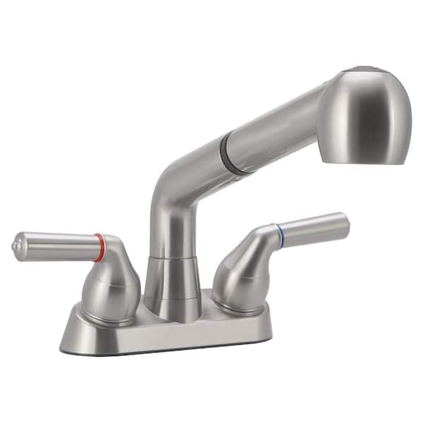 Laundry Room Utility Sink Faucet with Pull Out Sprayer Brushed Nickel 4 Inch 3 Holes ABS Plastic 10x10x2.5 in
