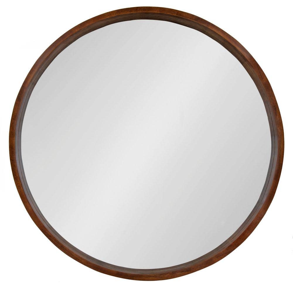 Hutton Round Walnut Brown Wood Wall Mirror, 36" Diameter