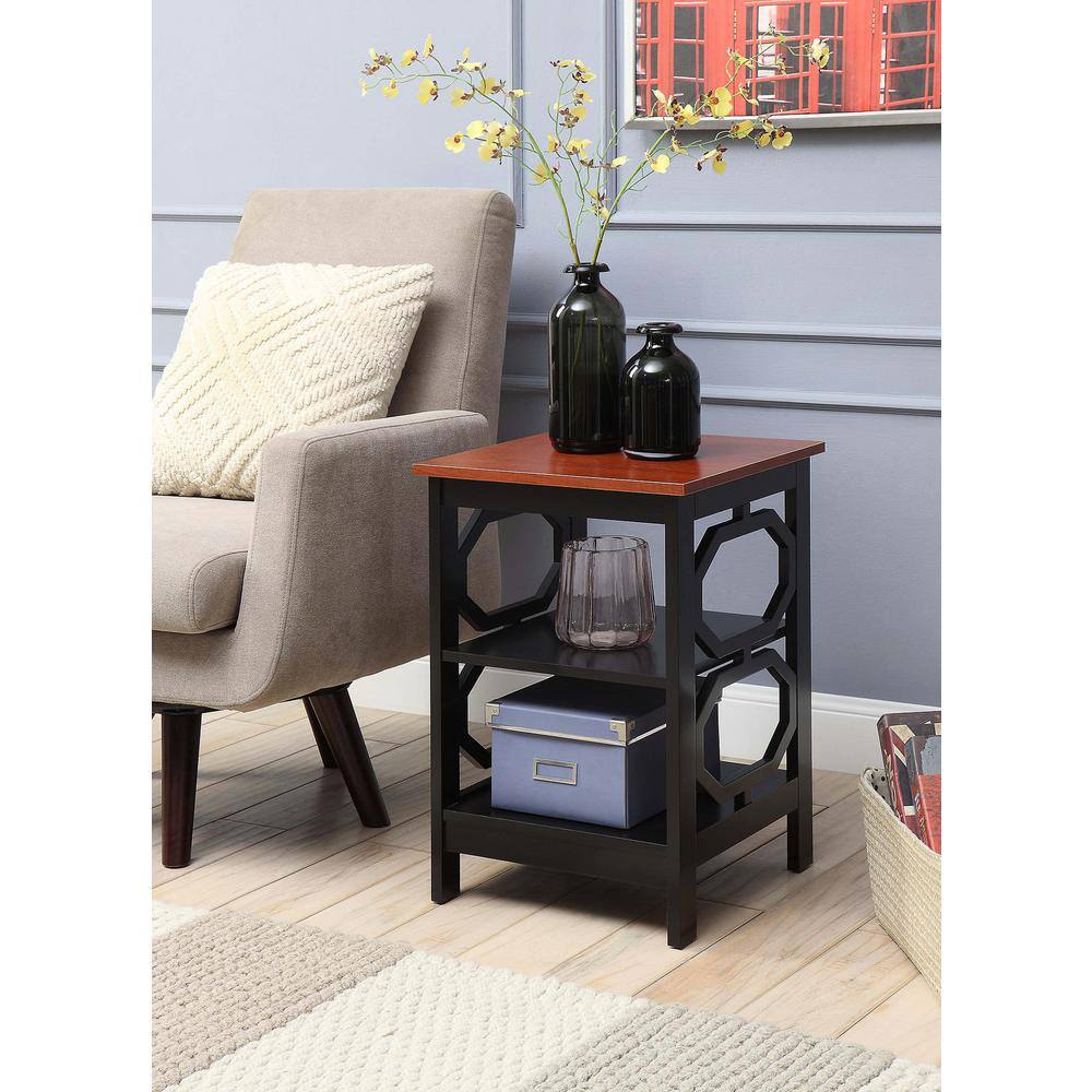 Round Cherry & Black Wood Omega End Table with Shelves