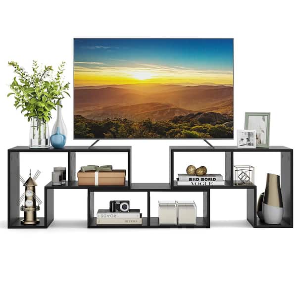 Costway Black Wood TV Stand Entertainment Center Fits TVs up to 65 in. with Adjustable Shelves