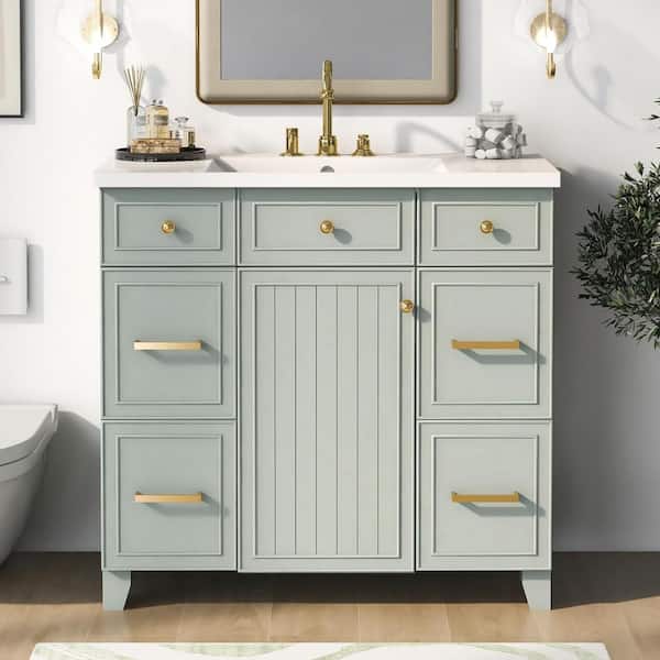 36 in. W x 18 in. D x 34.3 in. H Single Sink Freestanding Bath Vanity in Green with White Resin Top