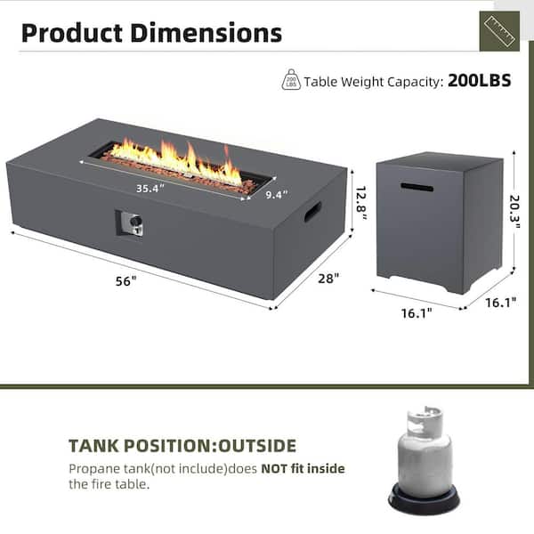 56 in. x 28 in. Rectangle Concrete Propane Outdoor Fire Pit in Dark Gray