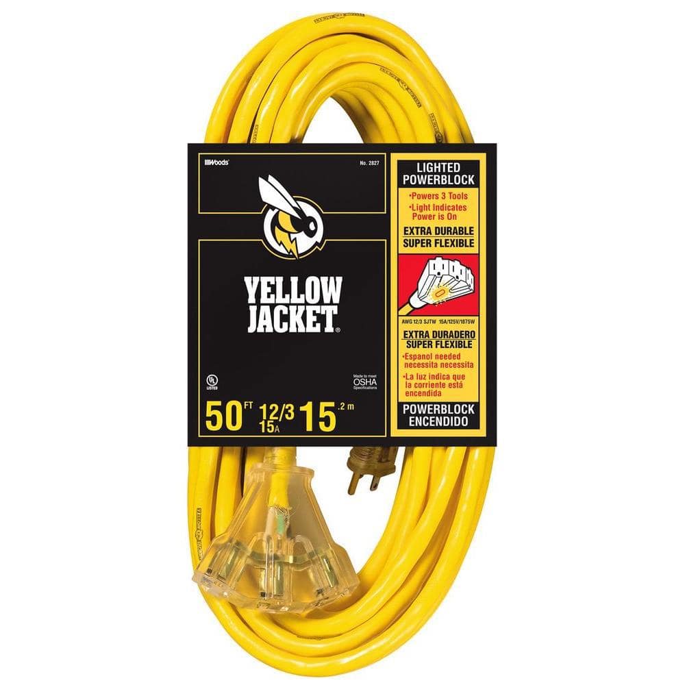 Yellow Jacket 50 ft. 12/3 SJTW Multi-Outlet (3) Outdoor Heavy-Duty 15 Amp Contractor Extension Cord with Power Light Block 64824201