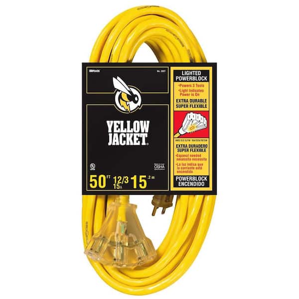 50 ft. 12/3 SJTW Multi-Outlet (3) Outdoor Heavy-Duty 15 Amp Contractor Extension Cord with Power Light Block