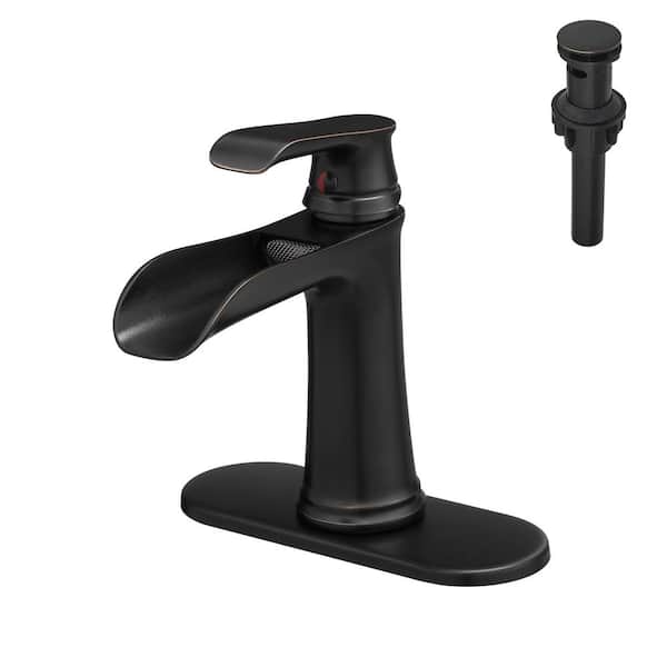 Unbranded Single Handle Single Hole Bathroom Faucet with Deck Plate and Drain, Waterfall Bathroom Faucet in Oil Rubbed Bronze