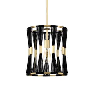 Mulus 12 in. 1-Light Indoor Satin Gold and Black Thread Finish Cage Pendant Light with Light Kit