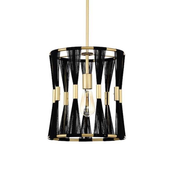 Warehouse of Tiffany Mulus 12 in. 1-Light Indoor Satin Gold and Black Thread Finish Cage Pendant Light with Light Kit