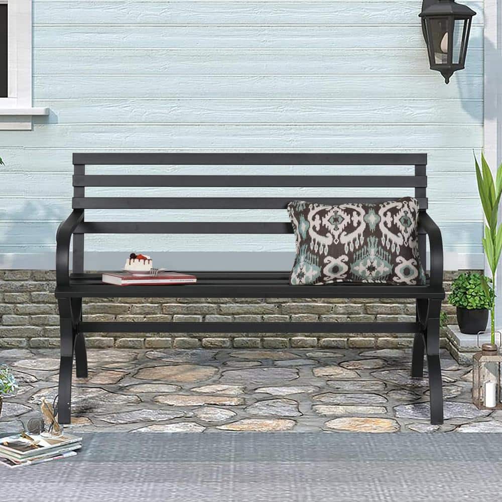 Black Steel Modern Slatted Outdoor Bench with Armrests