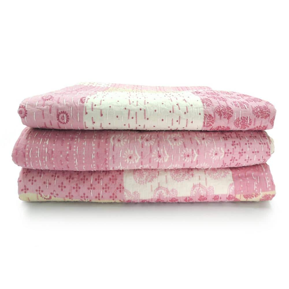 Light Pink Cotton Patchwork Kantha Throw Blanket, 50" x 70"