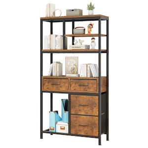 68.5 in. Tall Brown Metal 7-Shelf Etagere Bookcase with Fabric Drawers, Storage