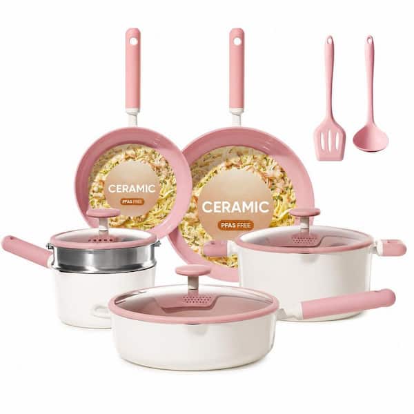 15-Piece Aluminum Nonstick Cookware Set in Pink, Non Toxic Pots and Pans for Induction Gas Stove Dishwasher Safe