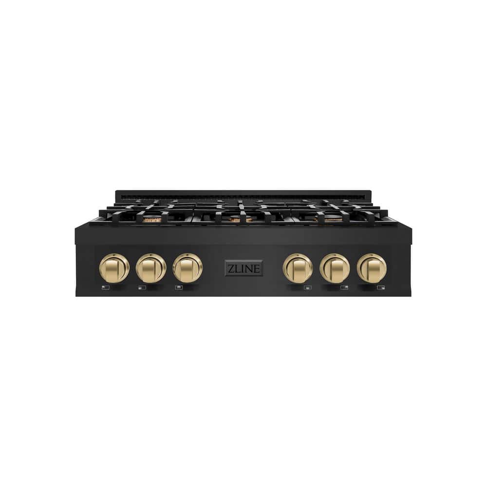 Autograph Edition 36 in. 6 Burner Front Control Gas Cooktop with Champagne Bronze Knobs in Black Stainless Steel