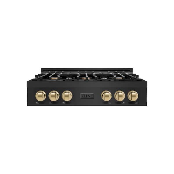 Autograph Edition 36 in. 6 Burner Front Control Gas Cooktop with Champagne Bronze Knobs in Black Stainless Steel
