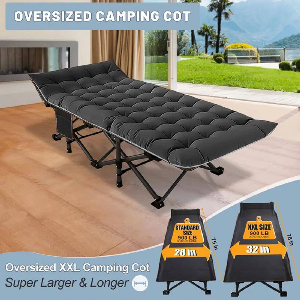 75 in. Black Aluminum Folding Camping Cot with Sponge Cushion