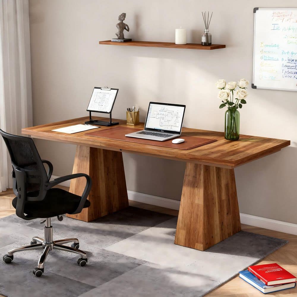 Fnova 63 in. Brown Rectangle Wood Executive Desk, Large Modern