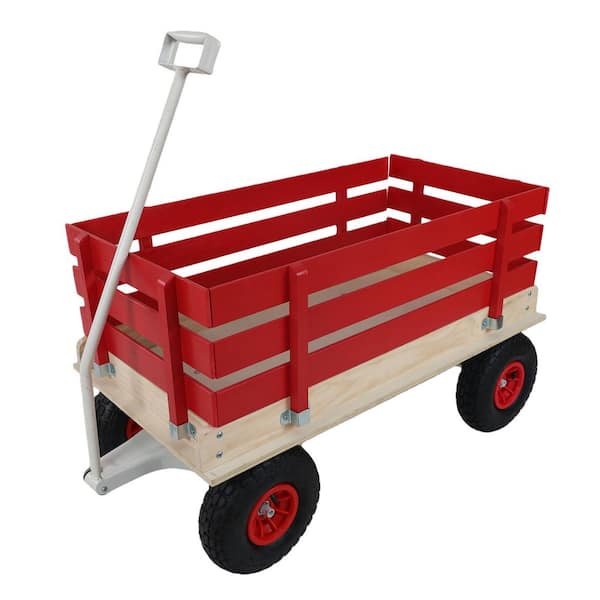 4 cu. ft. Red Metal Frame Wood Carriage Outdoor Garden Cart with White Push Rod and All-Terrain Rubber Wheels