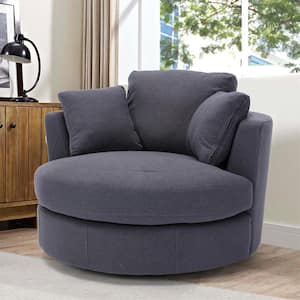 Gray Linen Fabric Swivel Barrel Accent Modern Sofa Round Chair with 3-Pillows