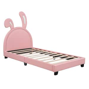 Wood Frame Twin Size Platform Bed with Upholstered Rabbit Ornament Headboard, Pink