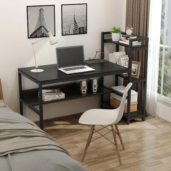 Style H Shape Computer Laptop Desk with 4-Tiers Bookshelf for Home Offic 