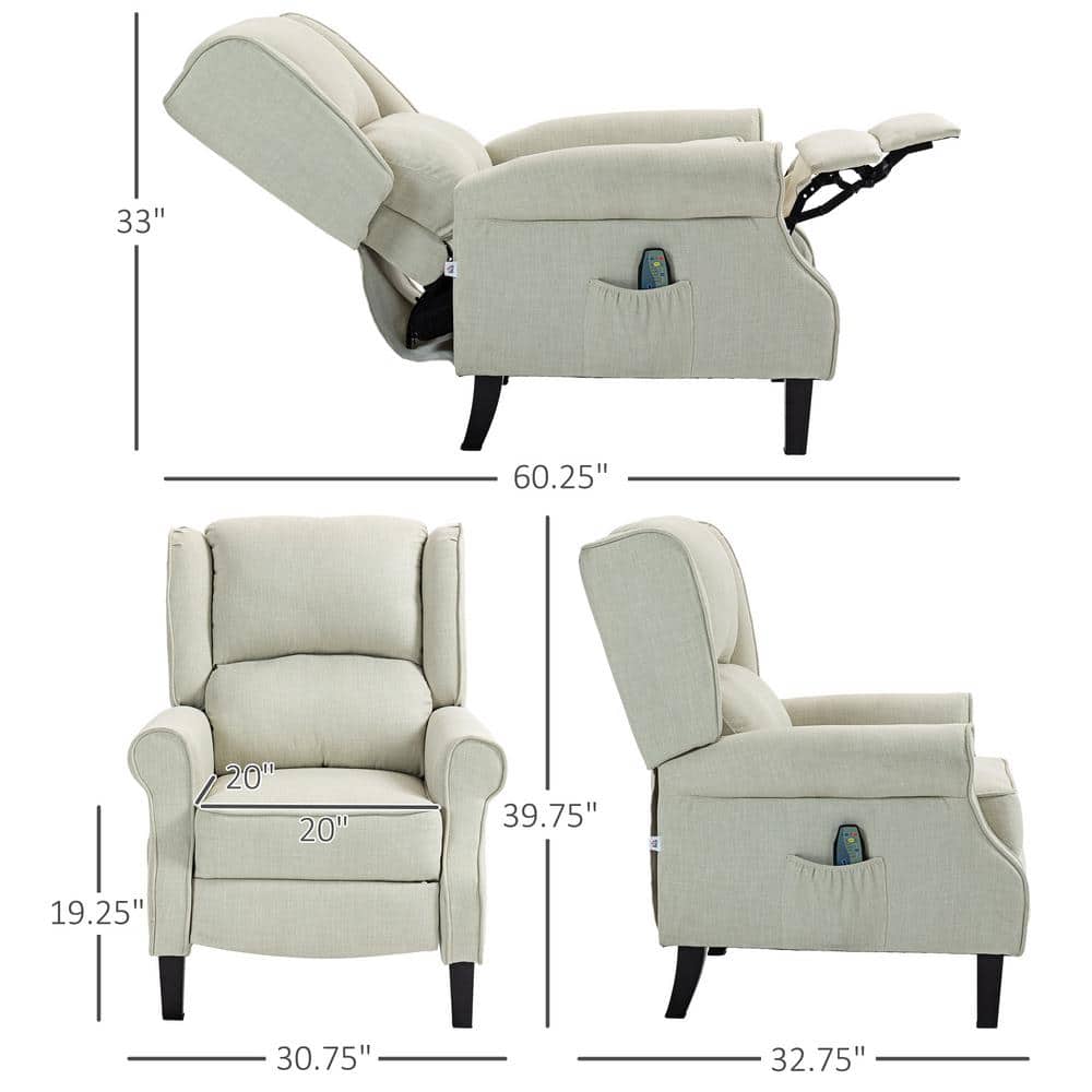White Upholstered Wingback Heated Massage Recliner Chair