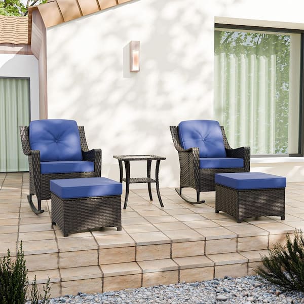 Brown 5-Piece Wicker Patio Conversation Set with Rocking Chairs, Outdoor Sofa Seating Set with Olefin Blue Cushions