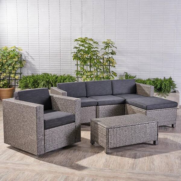 Noble House Puerta Grey 7-Piece Metal Patio Conversation Sectional ...