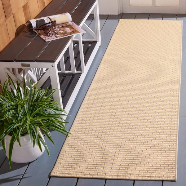 Courtyard Gold/Beige 2 ft. x 8 ft. Check Indoor/Outdoor Runner Rug