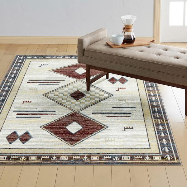Treasure Southwestern Beige/Blue 6 ft. x 9 ft. Geometric Machine Washable Runner Area Rug